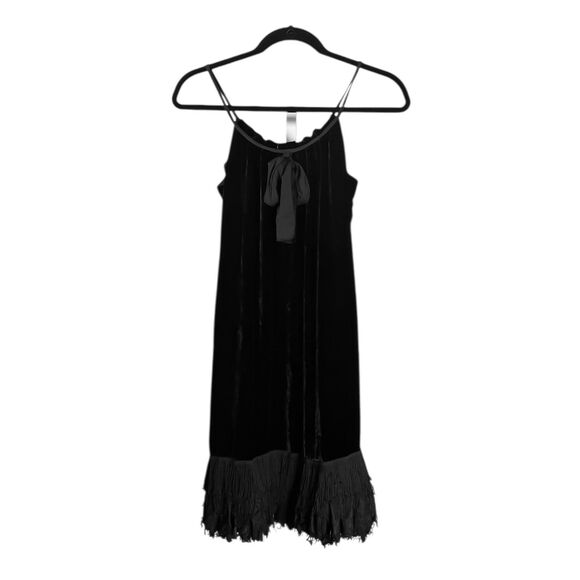 DVF Diane Von Furstenberg Elicia Black Velvet Silk Blend Lace Fringe Hem Dress 2 - Picture 2 of 9